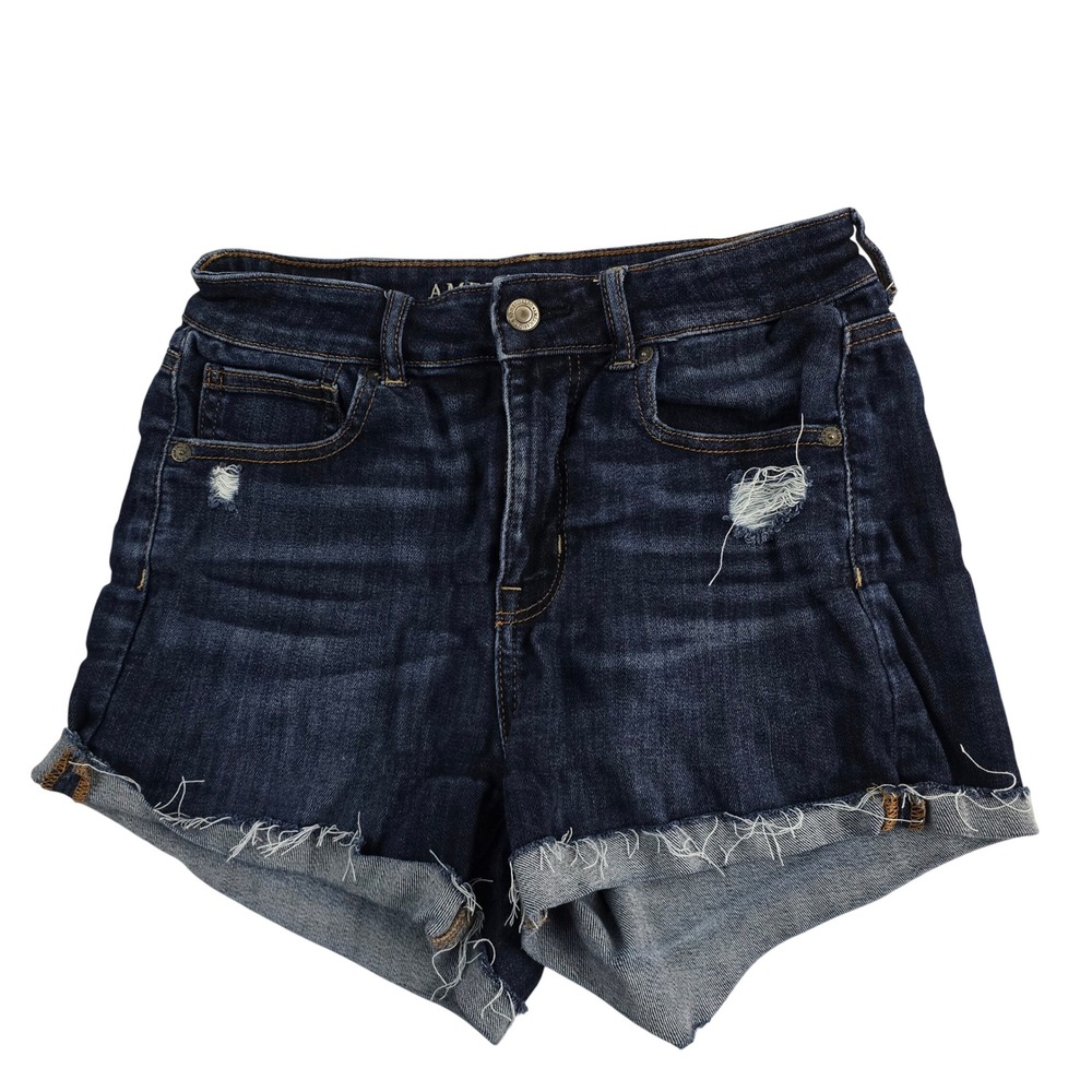 American Eagle Super Hi-Rise Shortie Denim Shorts Distressed Dark Wash